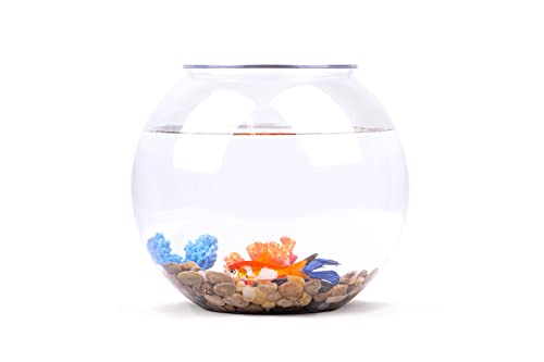Peceras para Peces. Pecera plastico Redonda con Piedras Decorativas. Peceras Completas. Acuario pequeño Transparente. Decoracion ​para hogar. Capacidad de 3.7L.