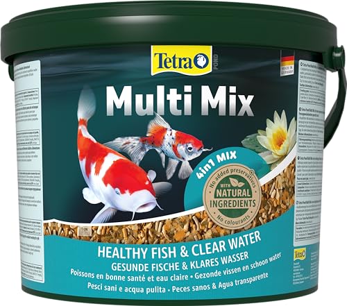 Tetra Pond Multi Mix, Comida para varios peces de estanque con cuatro tipos de comida (barritas, wafers, escamas y gammarus), cubo de 10 L